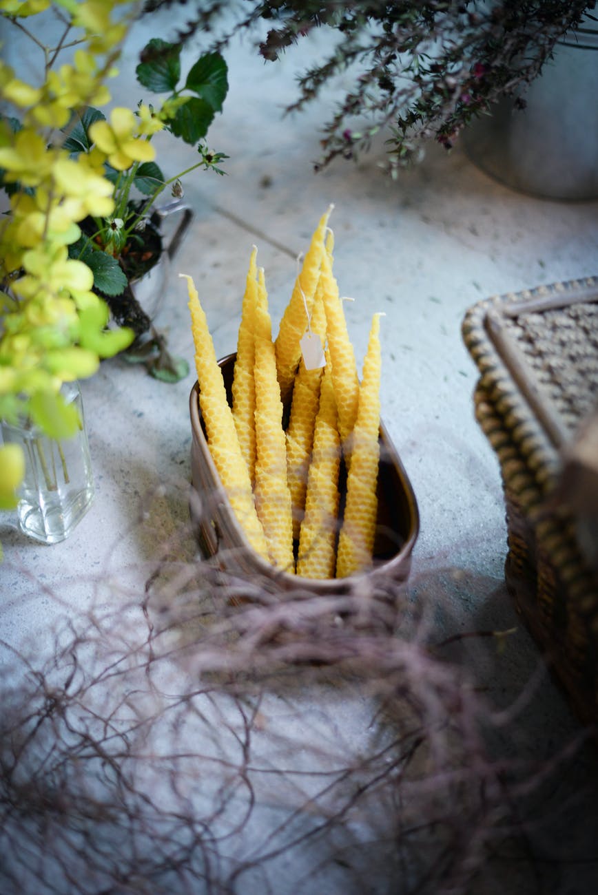 beeswax candles in container near basket and plants