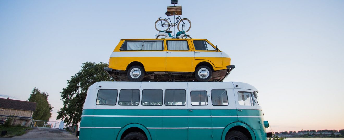 green and teal bus