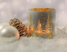 white and gold ceramic mug on white snow